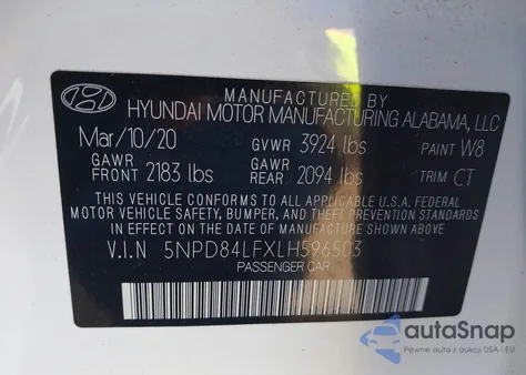 2020 Hyundai Elantra Sel z USA, uszkodzony, nr VIN 5NPD84LFXLH596503